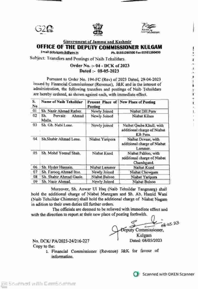 Transfers and Postings Of Naib Tehsildars, read order here