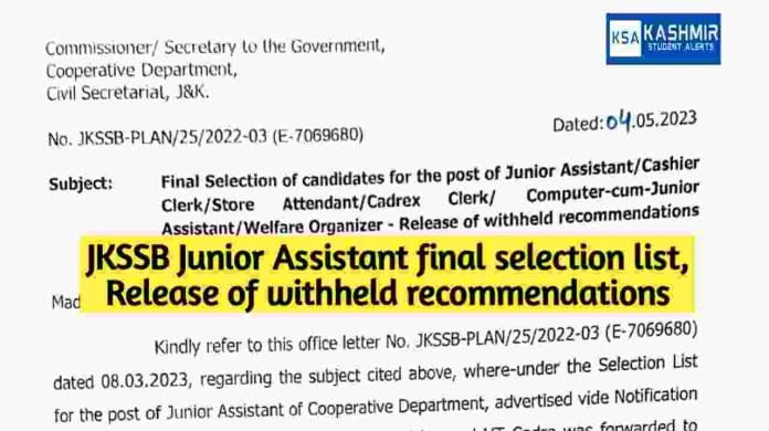 JKSSB Junior Assistant final selection list, Release of withheld recommendations