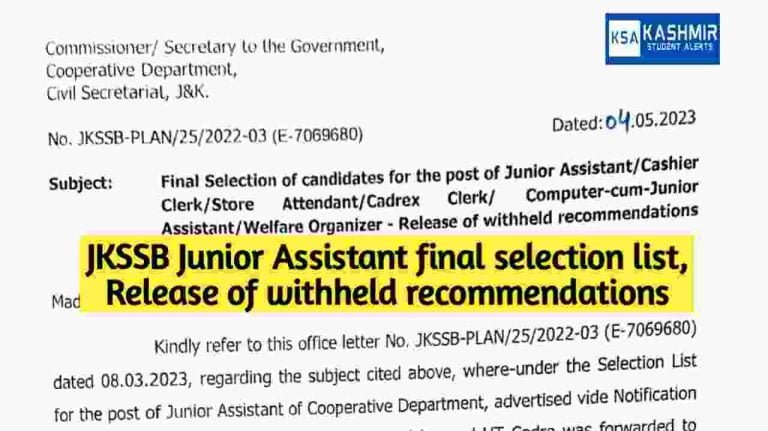 JKSSB Junior Assistant final selection list, Release of withheld recommendations