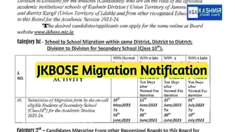 JKBOSE Migration Notification for Class 10th, 11th & 12th, Check Schedule, Apply Online