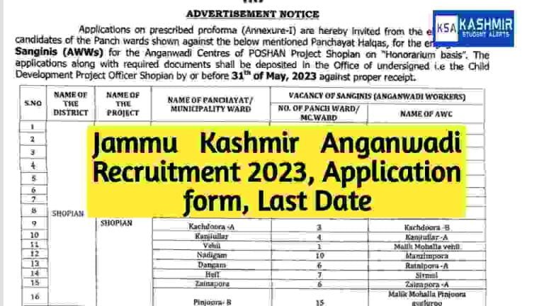 Jammu Kashmir Anganwadi Recruitment 2023, Qualification 10+2, Application form, Last date