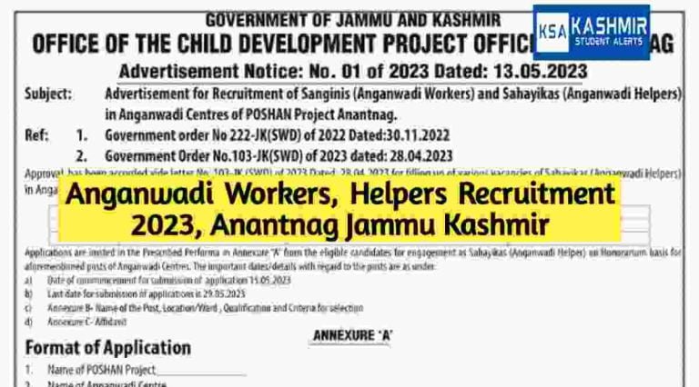 Anganwadi Workers, Helpers Recruitment 2023, Anantnag Jammu Kashmir