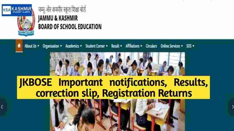 JKBOSE Important notifications, Results, correction slip, Registration Returns