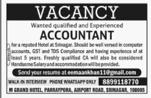 Accountant jobs in Srinagar, check criteria and apply here