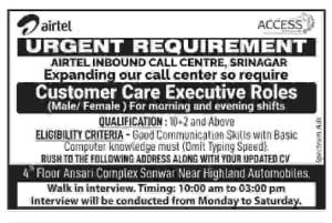 J&K Airtel Customer Care Executive Roles jobs recruitment 2023