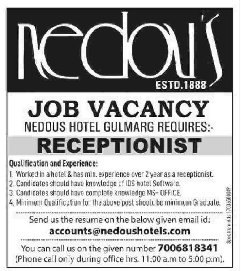 NEDOUS HOTEL Gulmarg Job Recruitment 2023, check vacancy