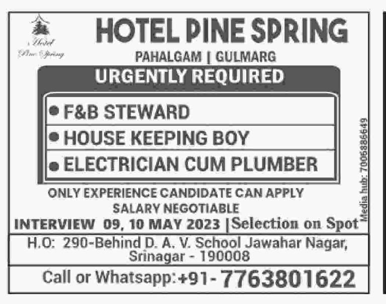 Hotel Pine Spring Recruitment 2023 for House Keeping Boy, electrician, Plumber  posts