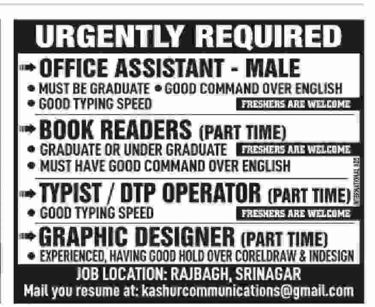 Jobs In Srinagar, Apply For Office Assistant, Book Readers, Typist/ DTP Operator Posts