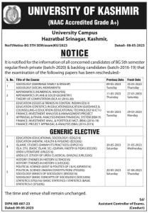 Kashmir University rescheduled date sheet