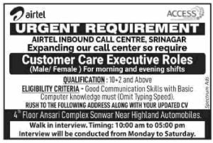 J&K Customer Care Executive Roles