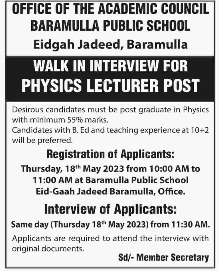 Baramulla Public School Recruitment 2023, Apply for lecturer posts