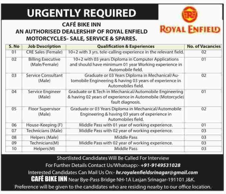 Royal Enfield Srinagar Vacancy 2023, know details here