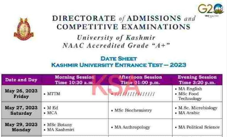 Kashmir University Date Sheet Kashmir University Entrance Test-2023, Direct link