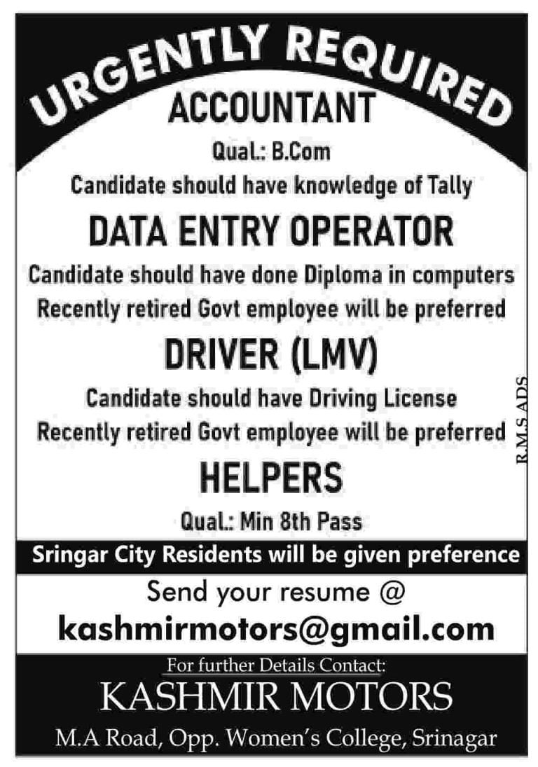 Kashmir Motors Recruitment 2023 For Accountant, Helpers, Driver Posts