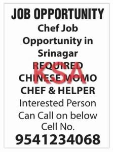 Chef, Helper Vacancies in Srinagar, Apply here