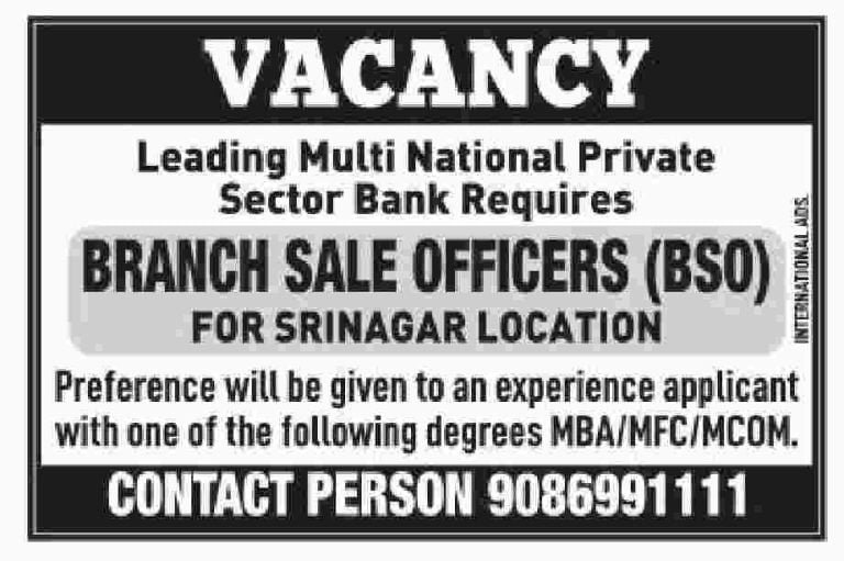 Branch Sale officers Vacancies in Srinagar, check qualification