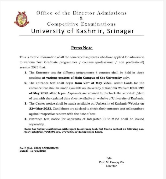 Kashmir University Important press note for PG Entrance test 2023