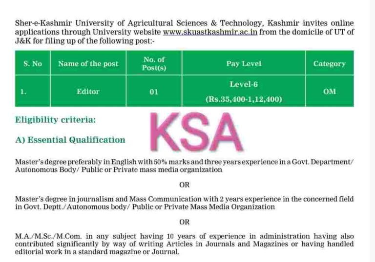 SKUAST Editor Recruitment 2023, check qualification