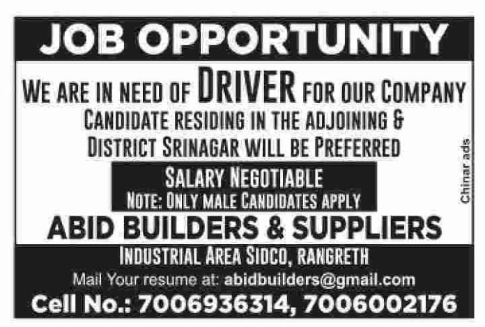 Driver Vacancies in Srinagar, Apply here