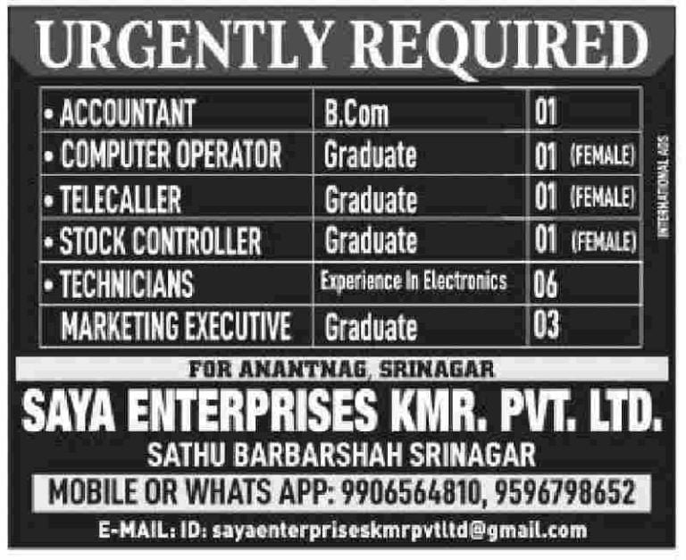 Saya Enterprises Kashmir Pvt Ltd  Recruitment 2023 for Accountant, Technicians & other posts