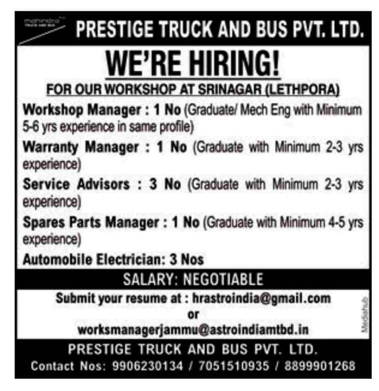 Prestige Truck and Bus Pvt Ltd Recruitment 2023, Apply for various vacancies