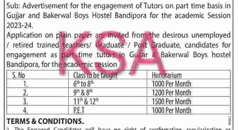 Gujjar and Bakerwal Boys Hostel Recruitment 2023, Apply for teaching posts