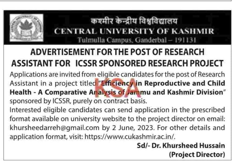 Central University Kashmir Research Assistant recruitment 2023, check eligibility