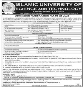 IUST admission notification no. 01 of 2023