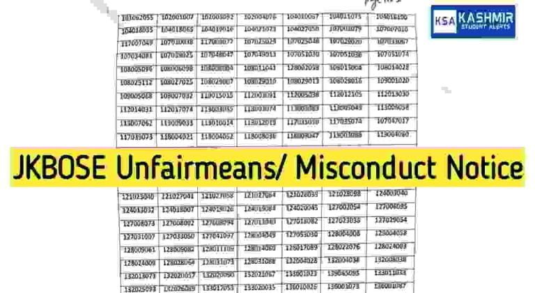 JKBOSE Unfairmeans/ Misconduct Notice for classes 10th and 12th Annual Regular 2023