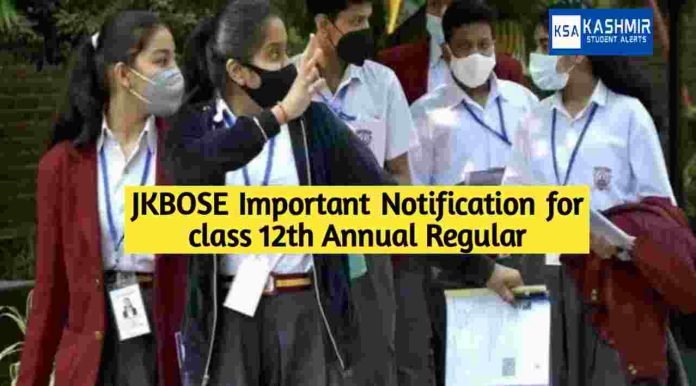 JKBOSE Important Notification for class 12th Annual Regular 2023