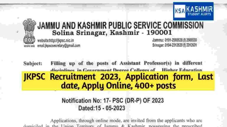 JKPSC Recruitment 2023, Application form, Last date, Apply Online, 400+ posts