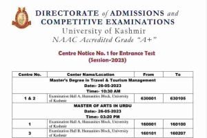 Kashmir University Centre Notice No.1 for Entrance Test (Session-2023)