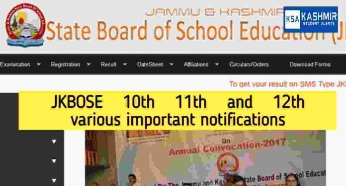 JKBOSE 10th 11th and 12th various important notifications