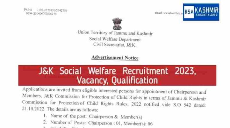 J&K Social Welfare Recruitment 2023, Vacancy, Qualification, Last Date 