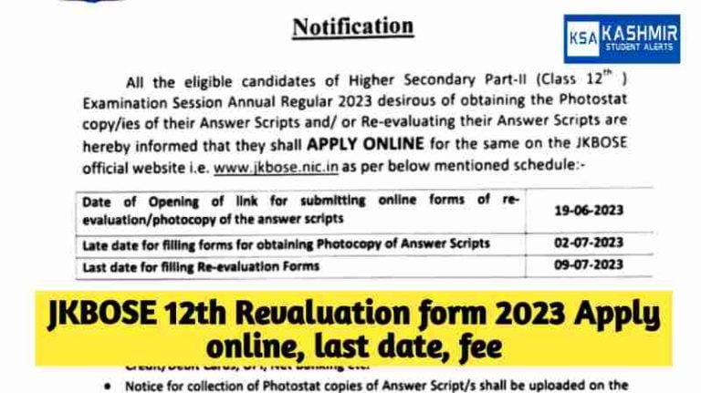 JKBOSE 12th Revaluation form 2023, Apply online, fee last date