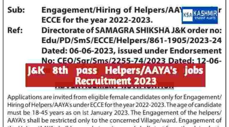 J&K 8th pass Helpers/AAYA’s jobs Recruitment 2023