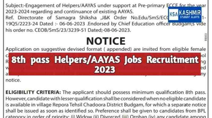 8th pass Helpers/AAYAS Jobs Recruitment 2023