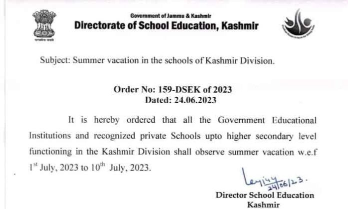 Summer vacations announced for schools in Kashmir division from July 1