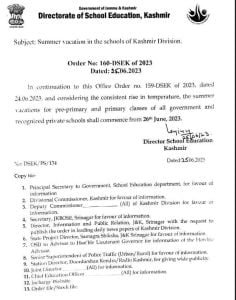 Summer vacation for primary classes in Kashmir from June 26: DSEK