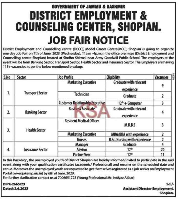 JOB Fair Notice Shopian, 117 vacancies, 12th pass qualification