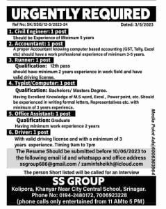 SS Group Srinagar Recruitment 2023, Apply for various vacancies