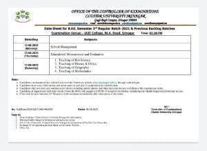 Cluster University Srinagar Date Sheet for B.ed semester 3rd Regular & Previous Backlog Batches