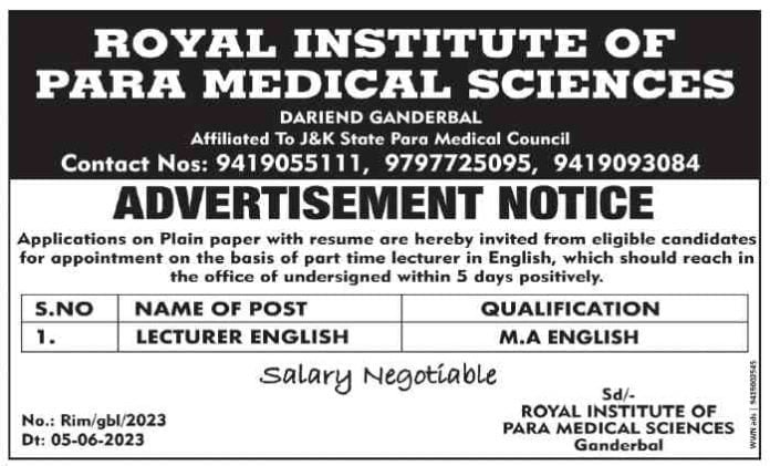 Royal Institute Of Para Medical Sciences Recruitment 2023