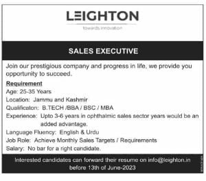 SALES EXECUTIVE Jobs in Jammu and Kashmir, check qualification 1 SALES EXECUTIVE Jobs