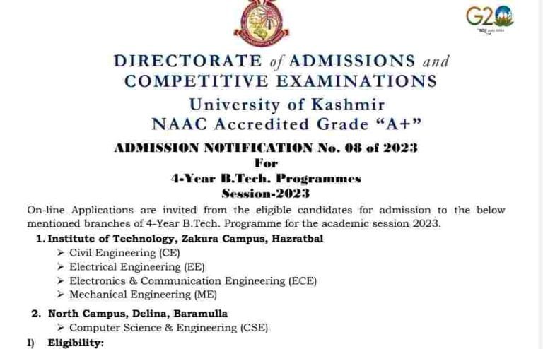 Kashmir University Admission Notification For 4-Year B.Tech Programmes Session-2023