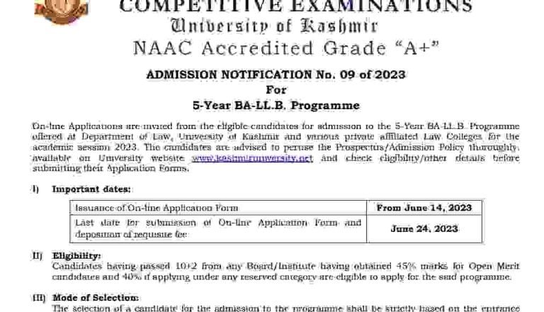 KU ADMISSION NOTIFICATION 2023 For 5-Year BA-LL.B. Programme