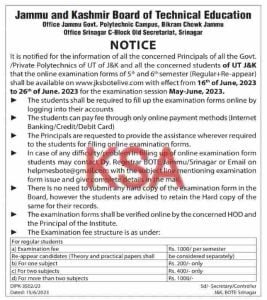 JKBoTE examination forms for 5th and 6th semester 2023 Apply online
