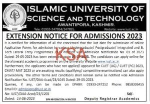 IUST Kashmir Admission notification 2023