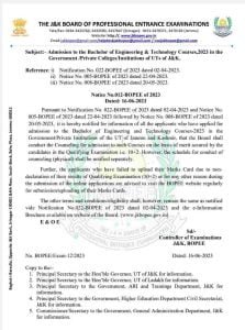JKBOPEE Admission to the Bachelor of Engineering & Technology Courses 2023