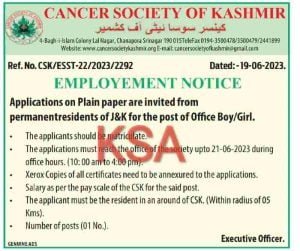 Cancer Society Of Kashmir Recruitment 2023, 10th pass Apply 1 Cancer Society Of Kashmir Recruitment 2023, 10th pass Apply